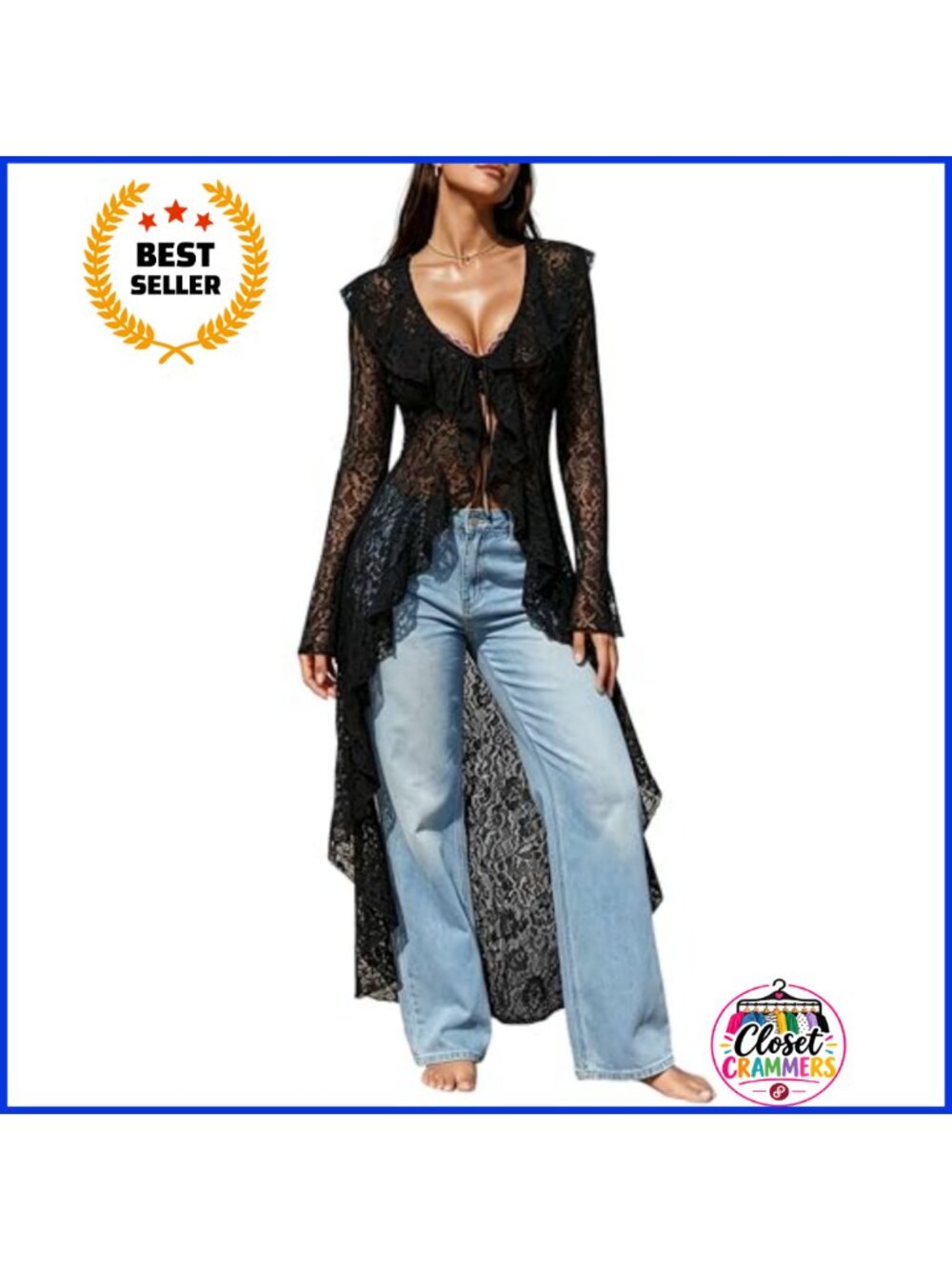 Lace Cardigan Sheer Mesh Floral Bell Sleeve Tie Front Maxi Duster